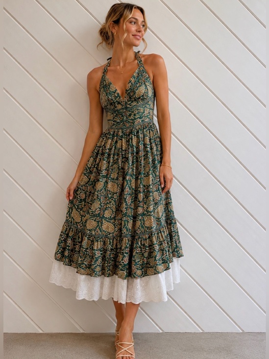 Free People Dresses & Skirts - FREE PEOPLE Green Floral Halter Midi Cotton Dress with White Eyelet Trim